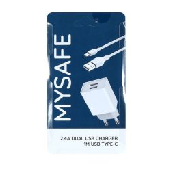   Mysafe CH24A 2xUSB-A hálózati töltő adapter, USB-C kábel, 1m, 2.4A, fehér