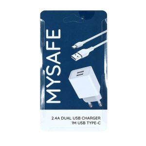 Mysafe CH24A USB-C hálózati töltő adapter, és USB/USB-C kábel, 1m, 2.4A, fehér