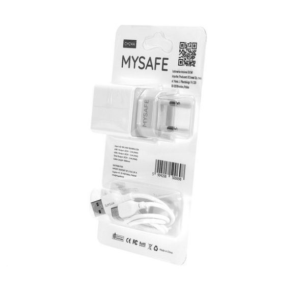 Mysafe CH24A 2xUSB-A hálózati töltő adapter, USB-C kábel, 1m, 2.4A, fehér