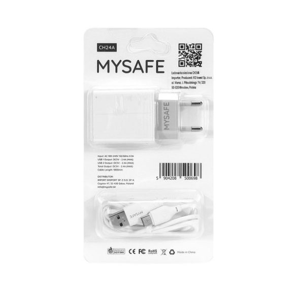 Mysafe CH24A 2xUSB-A hálózati töltő adapter, USB-C kábel, 1m, 2.4A, fehér
