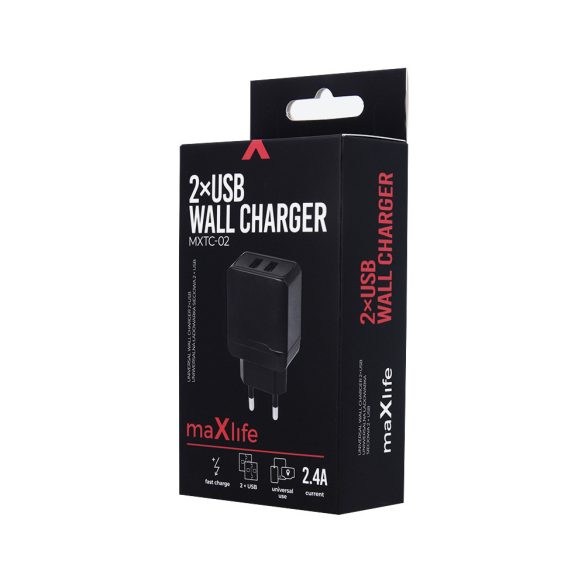 MaxLife MXTC-02 2xUSB hálózati töltő adapter, gyorstöltő, 2.4A, fekete