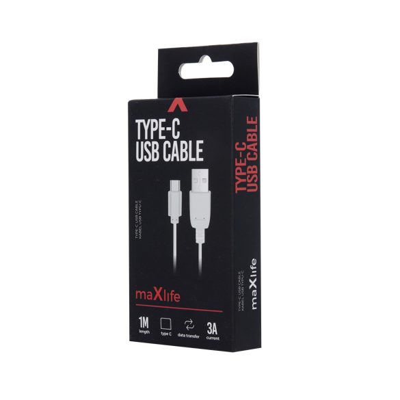 Maxlife USB-A/USB-C kábel, gyorstöltés funkció, 3A, 1m, fehér
