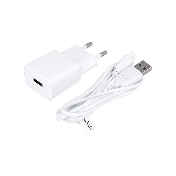 Maxlife MXTC-01 hálózati töltő adapter, gyorstöltő, 1A + iPhone lightning kábel, fehér