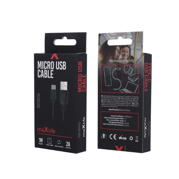 Maxlife USB-A/USB-C kábel, gyorstöltés funkció, 2A, 1m, fekete