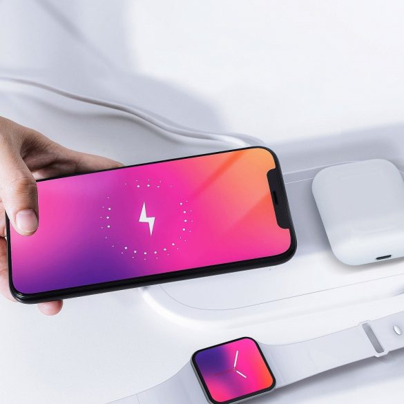 KT-IW 3in1 LED-es Qi Wireless Charger, AirPods, Apple Watch és mobiltelefon vezeték nélküli töltő, 15W, fehér