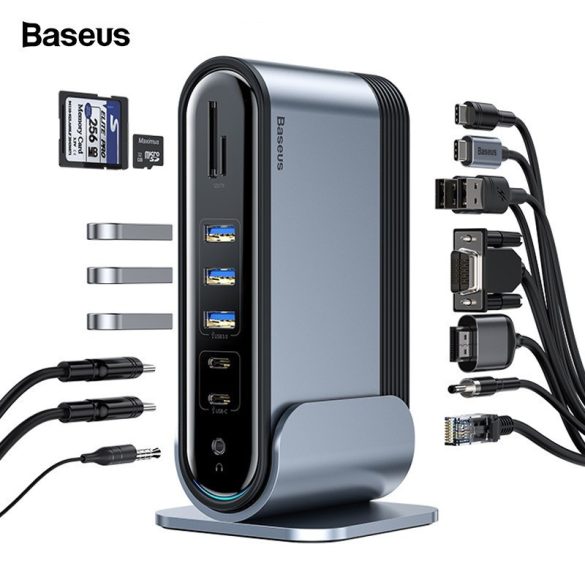 Baseus CAHUB-BG0G Hub 16 portos USB-C ( 3xUSB 3.0+2xUSB 2.0+USB-C+VGA+4K+DC Power+RJ45+SD+Audio) elosztó, fekete