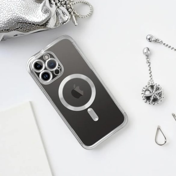 Electro Mag iPhone 12 Magsafe kompatibilis kameravédős hátlap, tok, ezüst-átlátszó