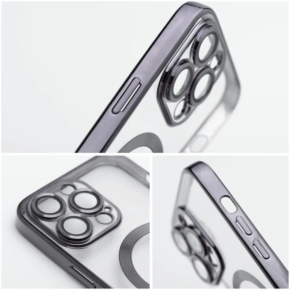 Electro Mag iPhone 12 Pro Magsafe kompatibilis kameravédős hátlap, tok, fekete-átlátszó