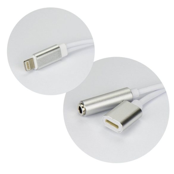 Lightning-3.5mm mini jack+lightning audio és töltő átalakító adapter, ezüst