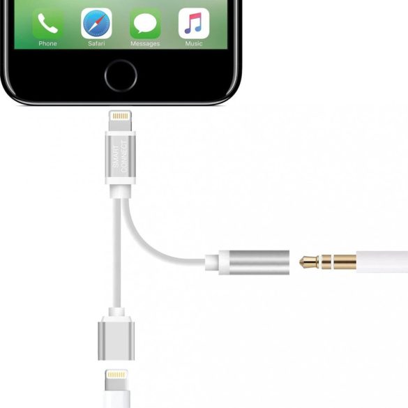 Lightning-3.5mm mini jack+lightning audio és töltő átalakító adapter, ezüst