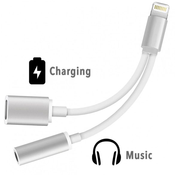 Lightning-3.5mm mini jack+lightning audio és töltő átalakító adapter, ezüst