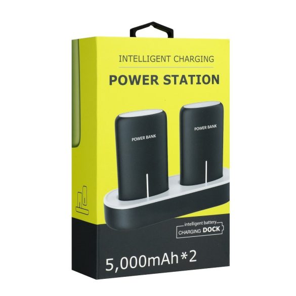 Power Bank töltőállomással, hordozható külső akkumulátor, 2 x 5000 mAh, fekete