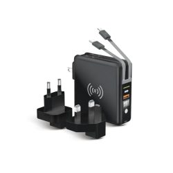   Forcell 5in1 Travel Set multifunkciós hordozható külső akkumlátor és vezeték nélküli töltő micro USB/USB-C/lightning kábellel, 10000mAh, fekete