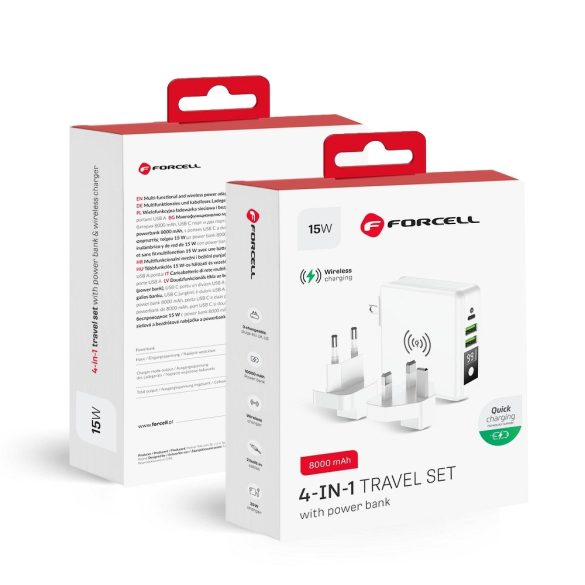 Forcell 4in1 Travel Set multifunkciós hordozható külső akkumlátor és vezeték nélküli töltő USB/USB-C, 8000mAh, fehér
