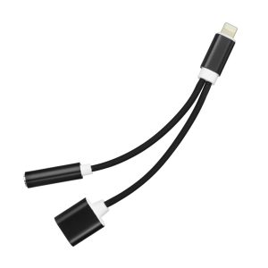 Lightning-3.5mm mini jack+lightning audio és töltő átalakító adapter, fekete