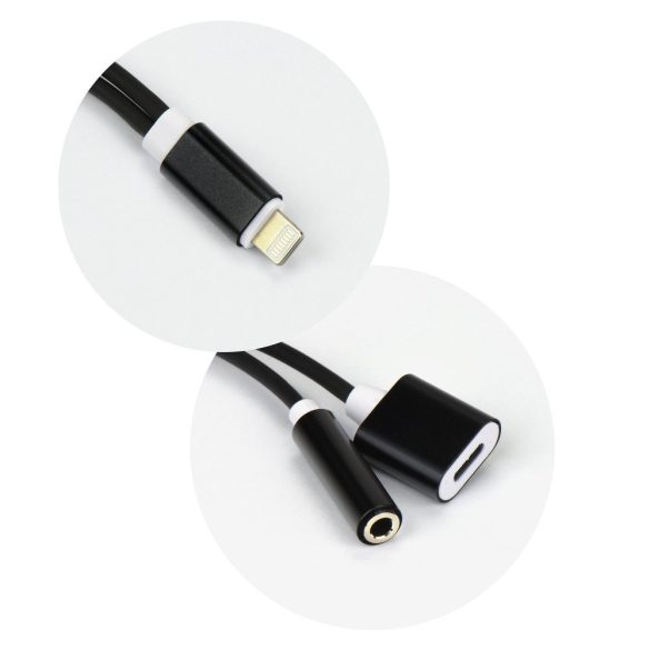 Lightning-3.5mm mini jack+lightning audio és töltő átalakító adapter, fekete