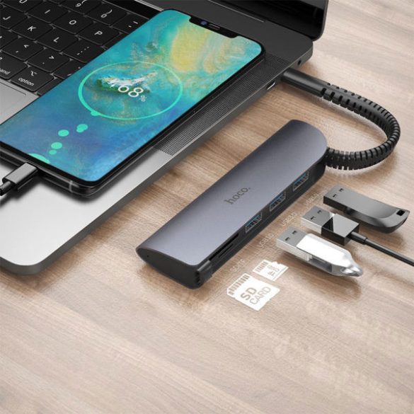 Hoco HB17 Easy Connect Hub 5 portos USB-C (3x USB 3.0, SD, micro SD) elosztó adapter, grafitszürke