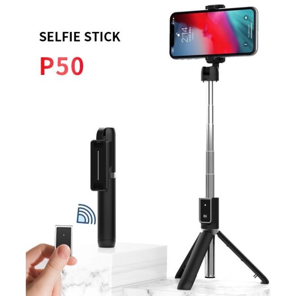 Mini Tripod P50 Bluetooth selfie stick, szelfi bot, háromlábú kitámasztó funkcióval, távirányítóval, fehér