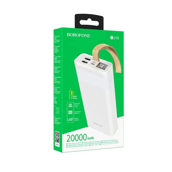 Borofone BJ18 Coolmy Power Bank, hordozható külső akkumulátor 2xUSB, 20000 mAh fehér