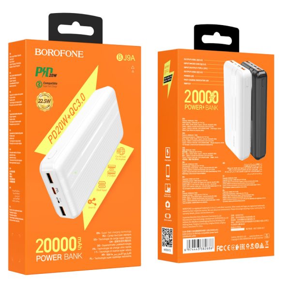 Borofone BJ9A Uranus PD QC 3.0 Power Bank, hordozható külső akkumulátor 2xUSB/USB-C, 20000 mAh, 22.5W, fehér