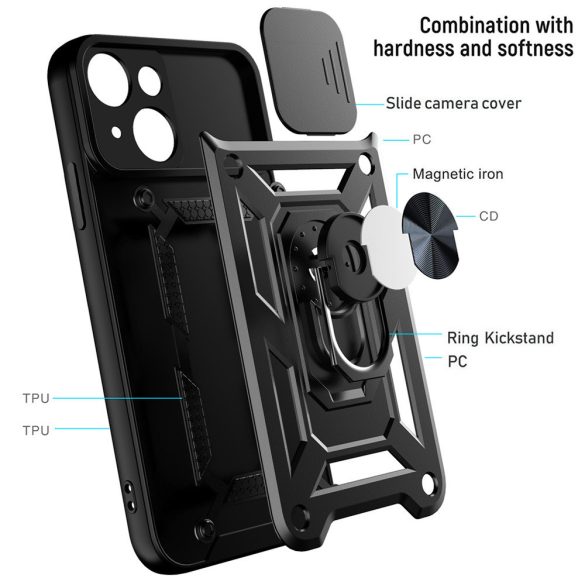 Slide Camera Armor Case for iPhone 15 Plus ütésálló hátlap, tok, fekete