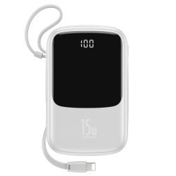   Baseus PPQD-B02 Qpow Power Bank, hordozható külső akkumulátor 2xUSB/USB-C, Lightning kábellel, 10000mAh, 15W, fehér