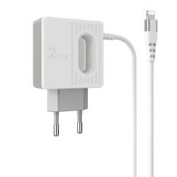   Borofone BA34 2xUSB hálózati töltő adapter és USB/Lightning kábel, gyorstöltő, 2.4A, fehér