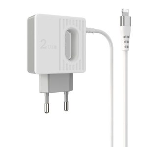 Borofone BA34 2xUSB hálózati töltő adapter és USB/Lightning kábel, gyorstöltő, 2.4A, fehér