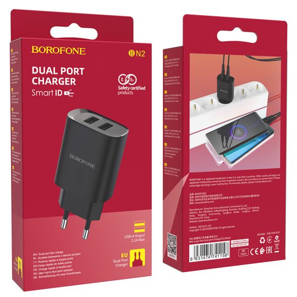 Borofone BN2 Hálózati töltő adapter 2xUSB 2.1A, fekete