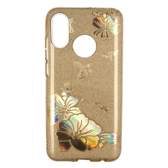 Glitter Case Gold Flower Samsung Galaxy A7 (2018) hátlap, tok, arany