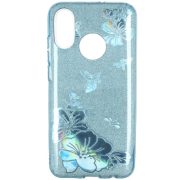   Glitter Case Blue Flower Samsung Galaxy A7 (2018) hátlap, tok, kék