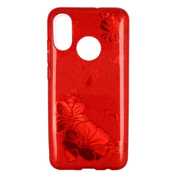 Glitter Case Red Flower Samsung Galaxy A50 hátlap, tok, piros