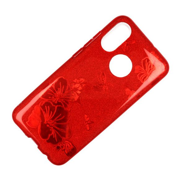 Glitter Case Red Flower Samsung Galaxy A50 hátlap, tok, piros