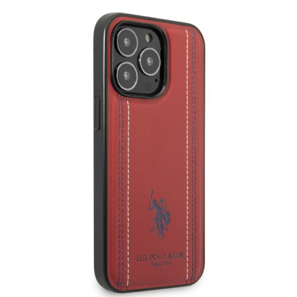 U.S. Polo iPhone 14 Pro Max Leather Stitched Lines hátlap, tok, piros